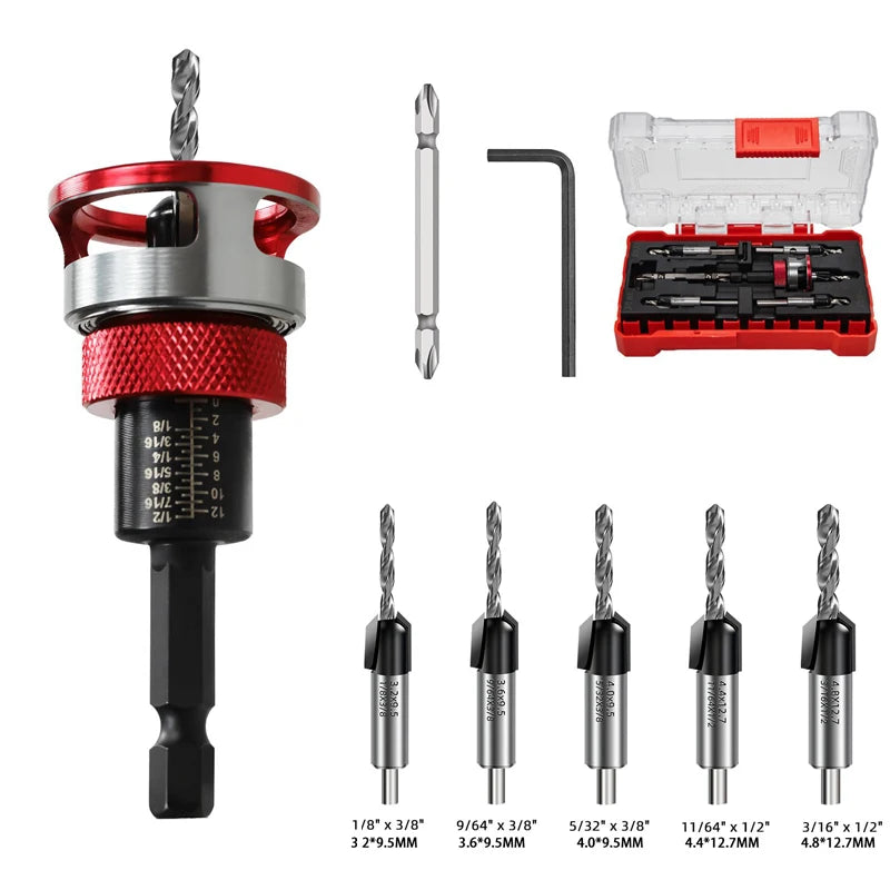 5pcs Countersink Drill with Depth Stop M2 Pre-Drill with Ball Bearing 1/4 Inch Hex Shank Precise Countersink Wood for Workshop Vue