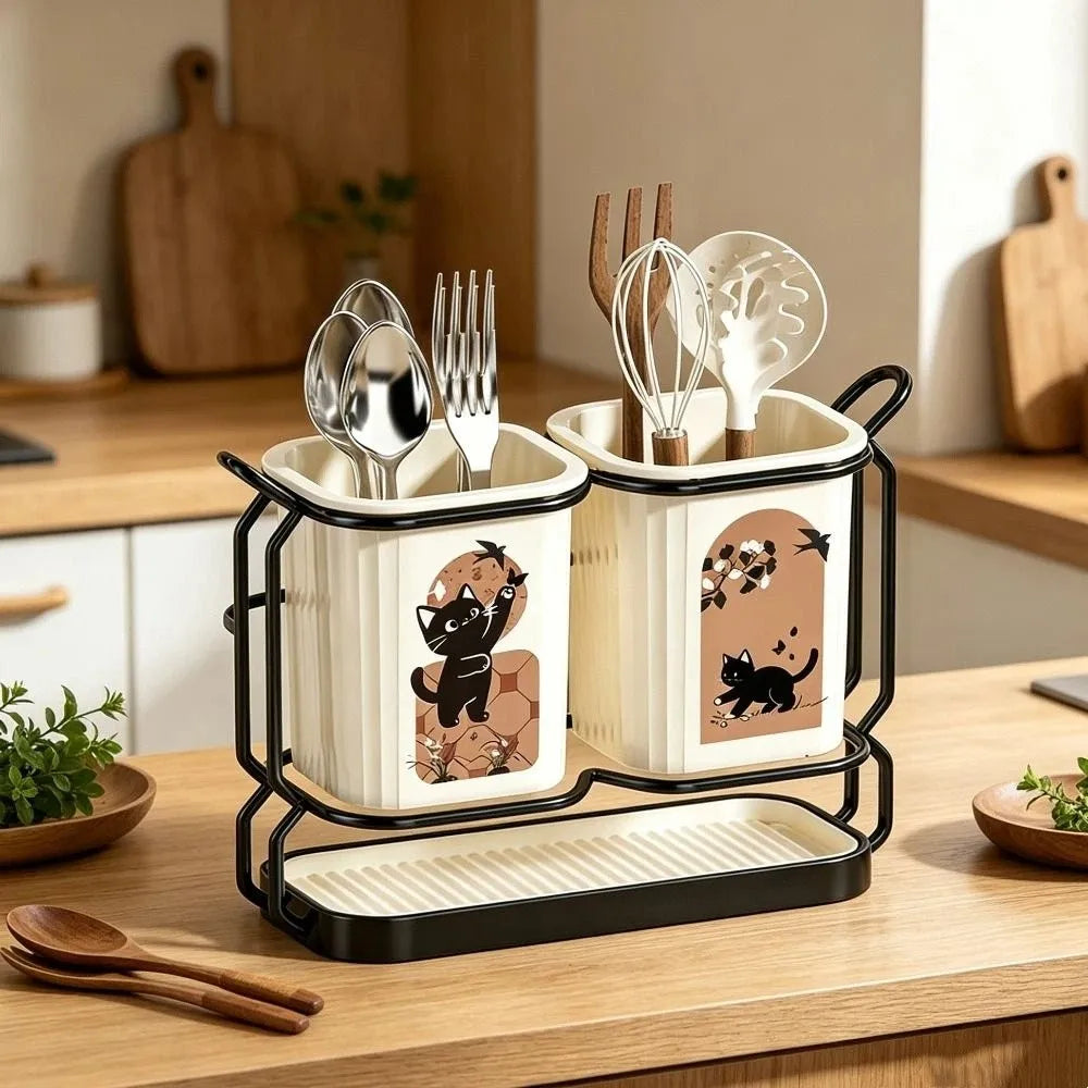 Cute Cat Kitchen Storage Basket Durable Organizer Cutlery Holder Standing No-drill Tableware Drainer Household Vue