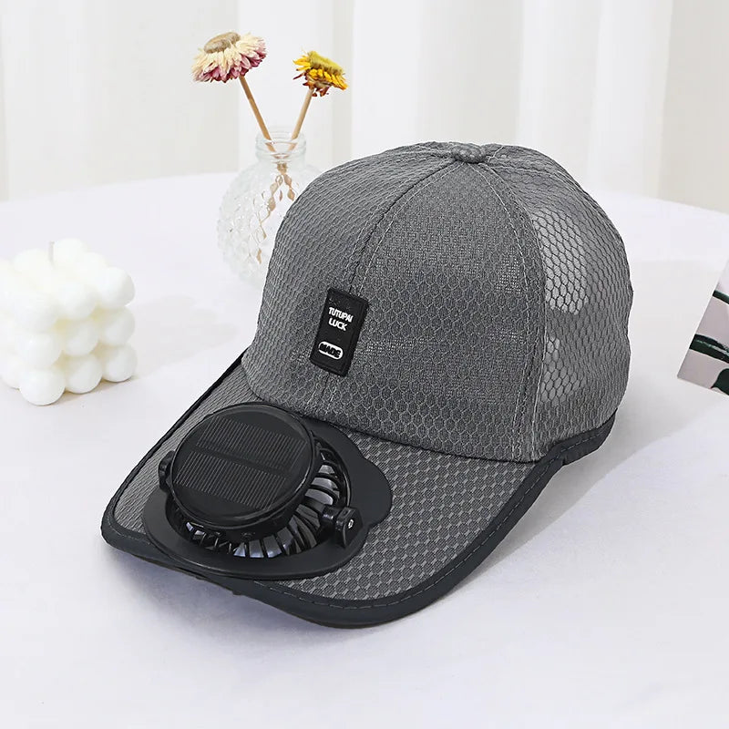 Baseball Cap with Charging Fan Solar Powered Summer Mesh Sun Hat for Men Women Outdoor Breathable UV Protection Cooling Headwear Vue Dark Grey