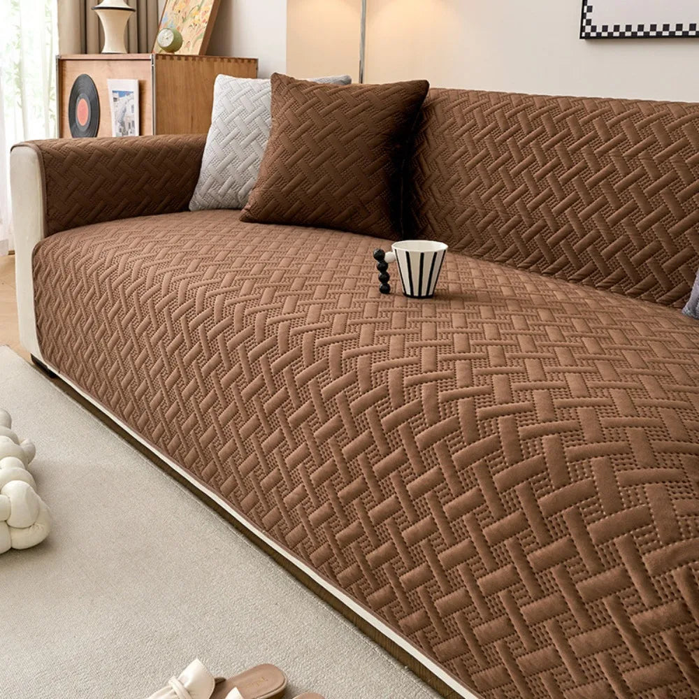 Non-slip Design Dutch Velvet Sofa Cover Striped Pattern Anti Slip Full Cover Sofa Cover Dirt Resistant Stretch Fabric Vue Brown 90-70cm