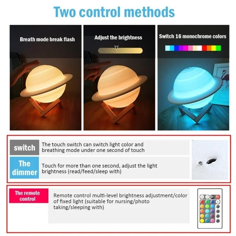 3D Printed Saturn LED Night Light – 16 Colors Remote & Touch LED Night Light Vue
