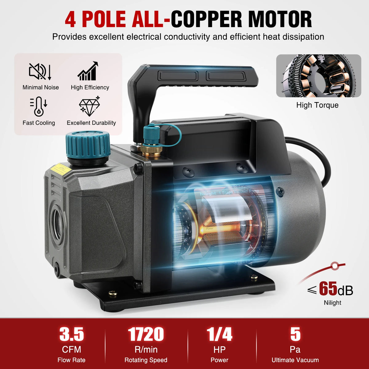 Nilight HVAC Vacuum Pump, 3.5 CFM 1/4 HP 110V Single Stage AC Vacuum Pumps Kit for R22 R404a R134a R410a 5 Pa Ultimate Vacuum for Auto Air Conditioning Servicing Refrigerant Recharging, Oil Included Vue