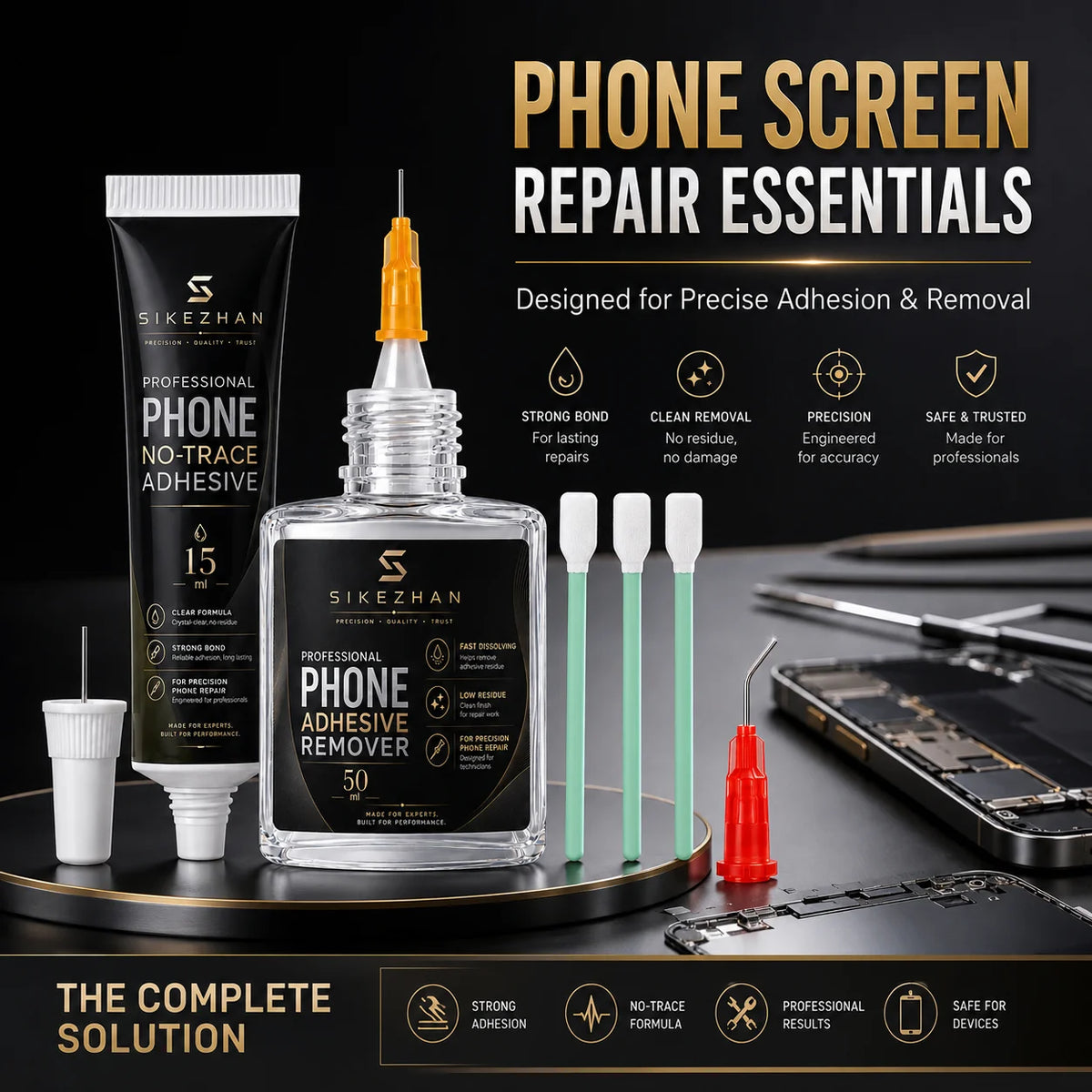 Phone Repair Bonding and Removal Kit 15ml Adhesive 50ml Remover Fine Needle Tips Cleaning Swabs for Screen Frame DIY Maintenance Vue