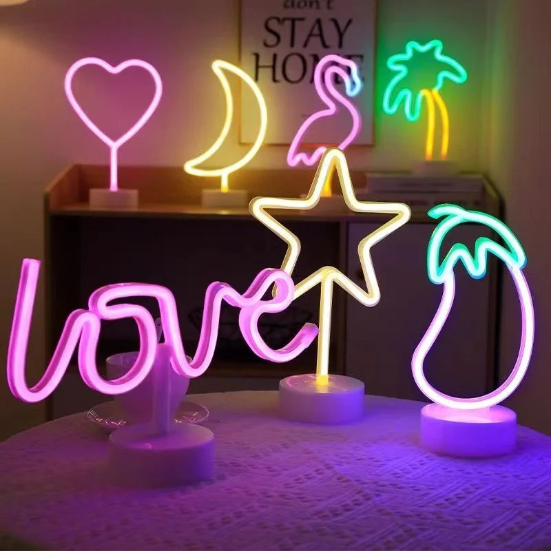 Neon Sign LED Rainbow shaped Neon Light Battery/USB Powered Colorful Neon Lamp with Holder Base Star Flamingo Nightlight Deco Vue