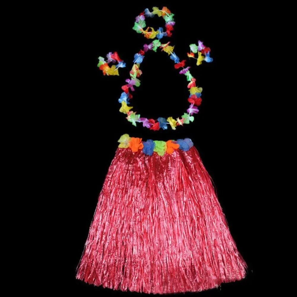 Ladies Women Hawaii Fancy Dress Grass Skirt Hula Hawaiian Full Vue red