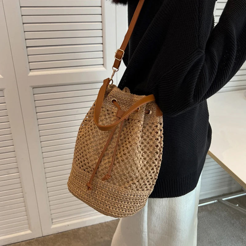 Ins Woven Straw Bucket Bag Women Summer Beach Crossbody Ladies Retro