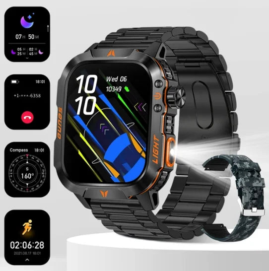 Smart Watch 2026 2.01 Screen Outdoor Flashlight Compass IP68 Waterproof Wireless Calling 600mAh 100+Sport Mode for Men Women Vue CamouflageBlue-steel