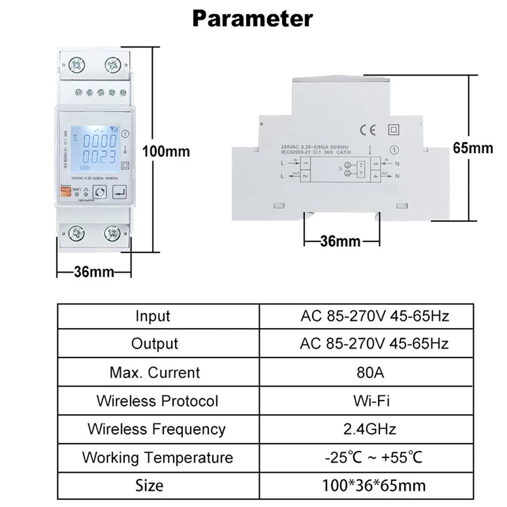 Tuya Smart Single Phase ZigBee/WiFi Energy Meter AC85-270V 80A 45-65Hz Din Rail Power Monitor KWh Wattmeter Voltmeter Ampermeter Vue