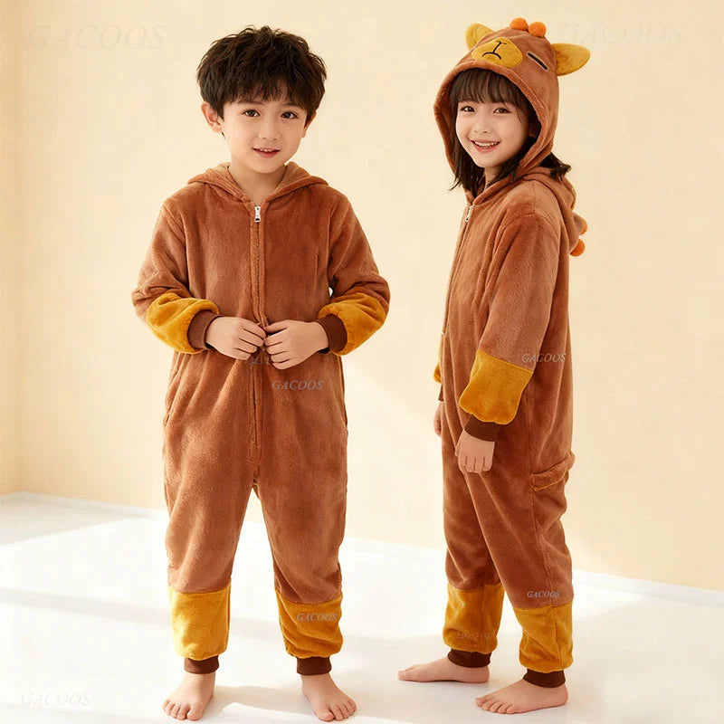 Kigurumi Boys Girls Cartoon Sleepwear Kids Children Cute Capybara Onesies Animal Flannel Pajamas For Christmas Halloween Party Vue