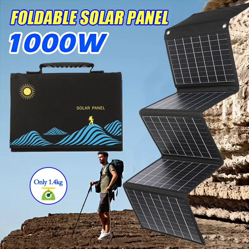 1000W Foldable Solar Panel 18V Portable Solar Cells Folding Bag USB+DC Output For Outdoor Hiking Camping Mobile Phone Charging Vue