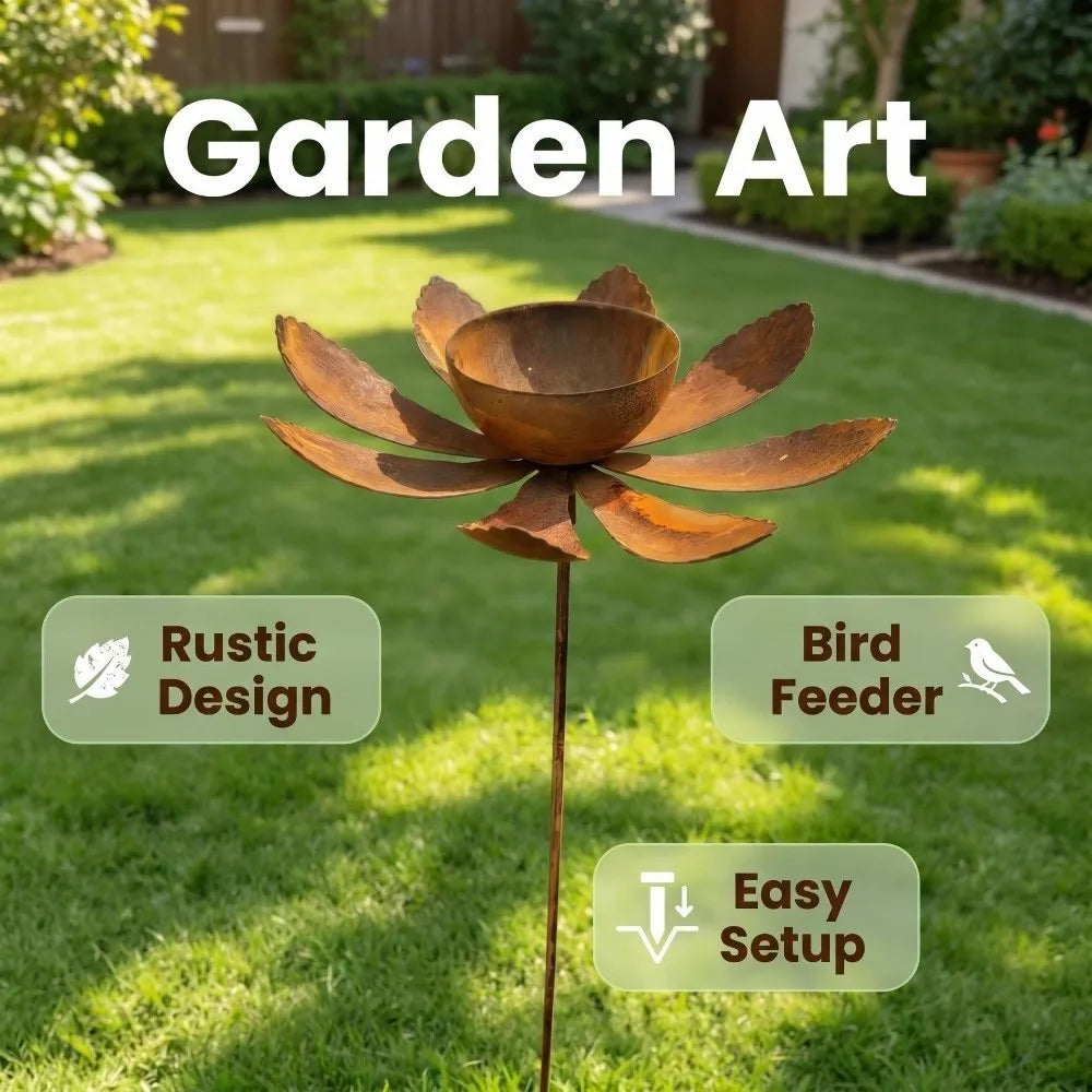Flower Shape Metal Garden Birdbath Iron Art Rusty Bird Water Dispenser Handmade Ground Insert Bird Feeder Standing Vue