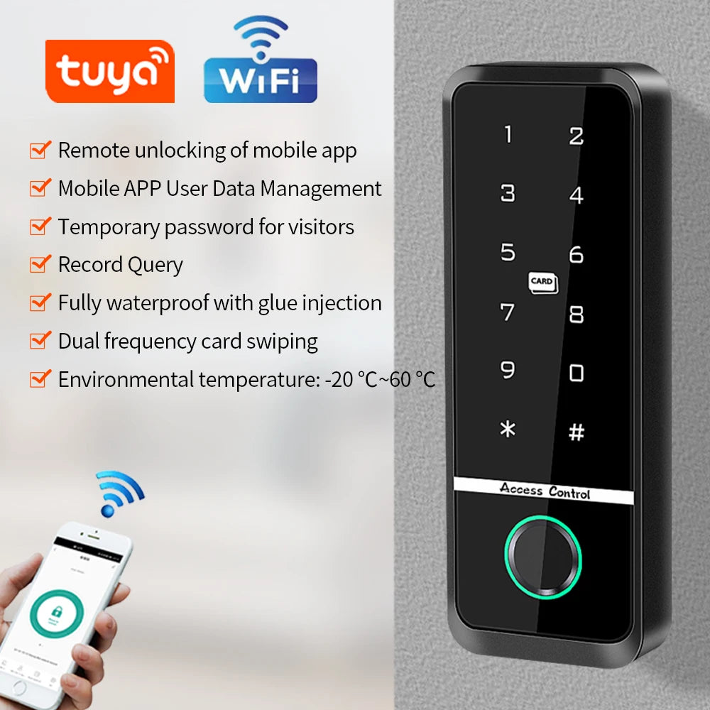 Dual Frequency WiFi Tuya Access Control Keyboard Fingerprint Door Lock ID+IC Card Reader Controler Keypad Waterproof Door System Vue