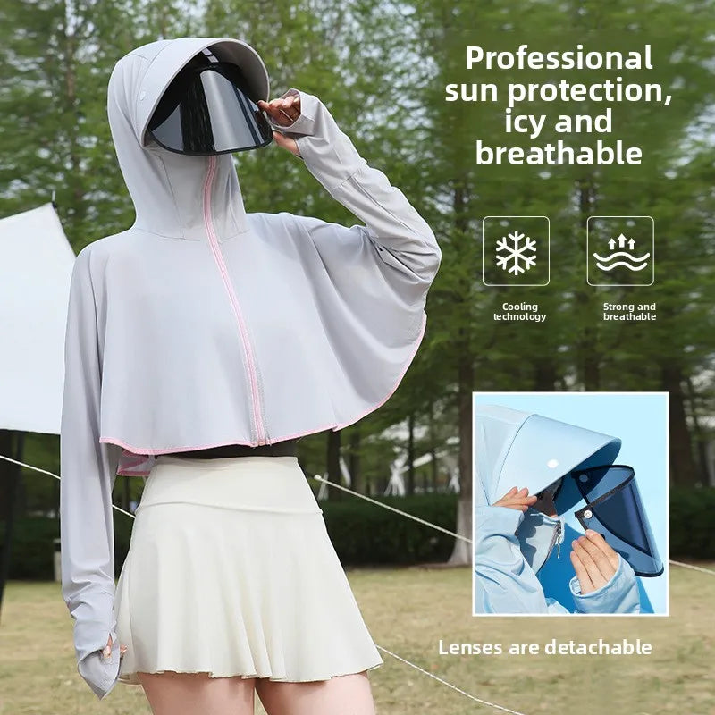 Ice Silk Hooded Sun Protection for Women Brim UV Blocking Breathable Cooling Outdoor Cycling Travel Casual Daily Cover Up Vue Grey B