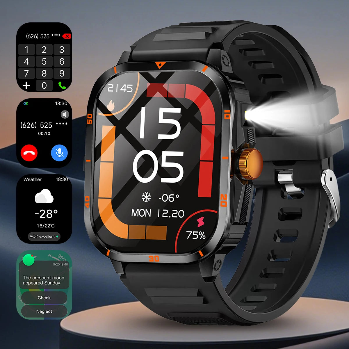 2025 Men Outdoor Sports Smart Watch 2.01''Screen Voice Assistant Blood Oxygen Bluetooth Call Multi Sports Modes Smartwatch Women Vue Silicone Gold Black Fashion Sport Watch