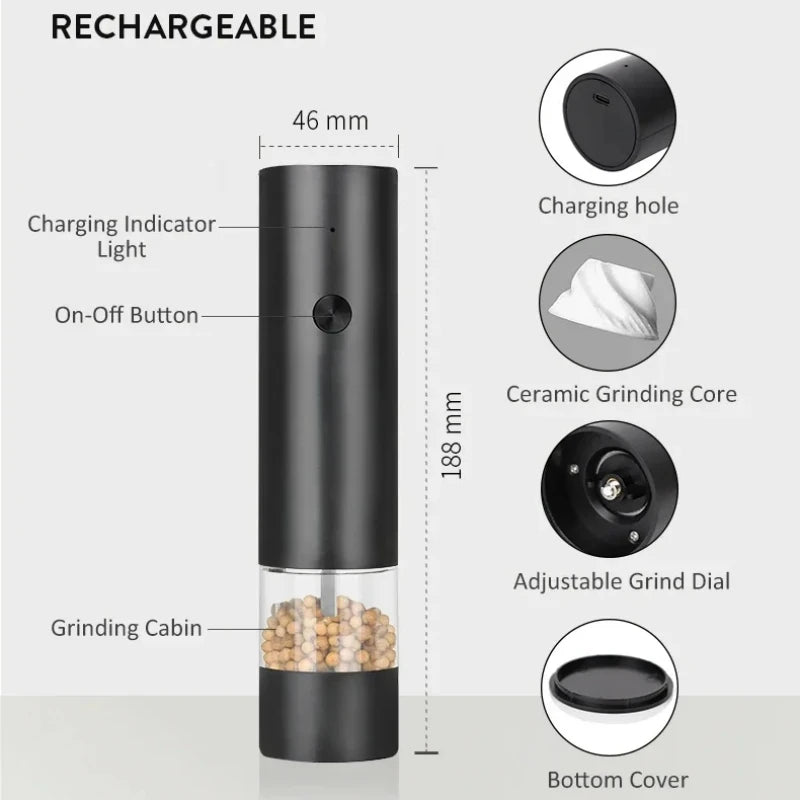 USB Electric Automatic Mill Pepper And Salt Grinder With LED Light Adjustable Coarseness Partner Grinders Kitchen Cooking Tool Vue