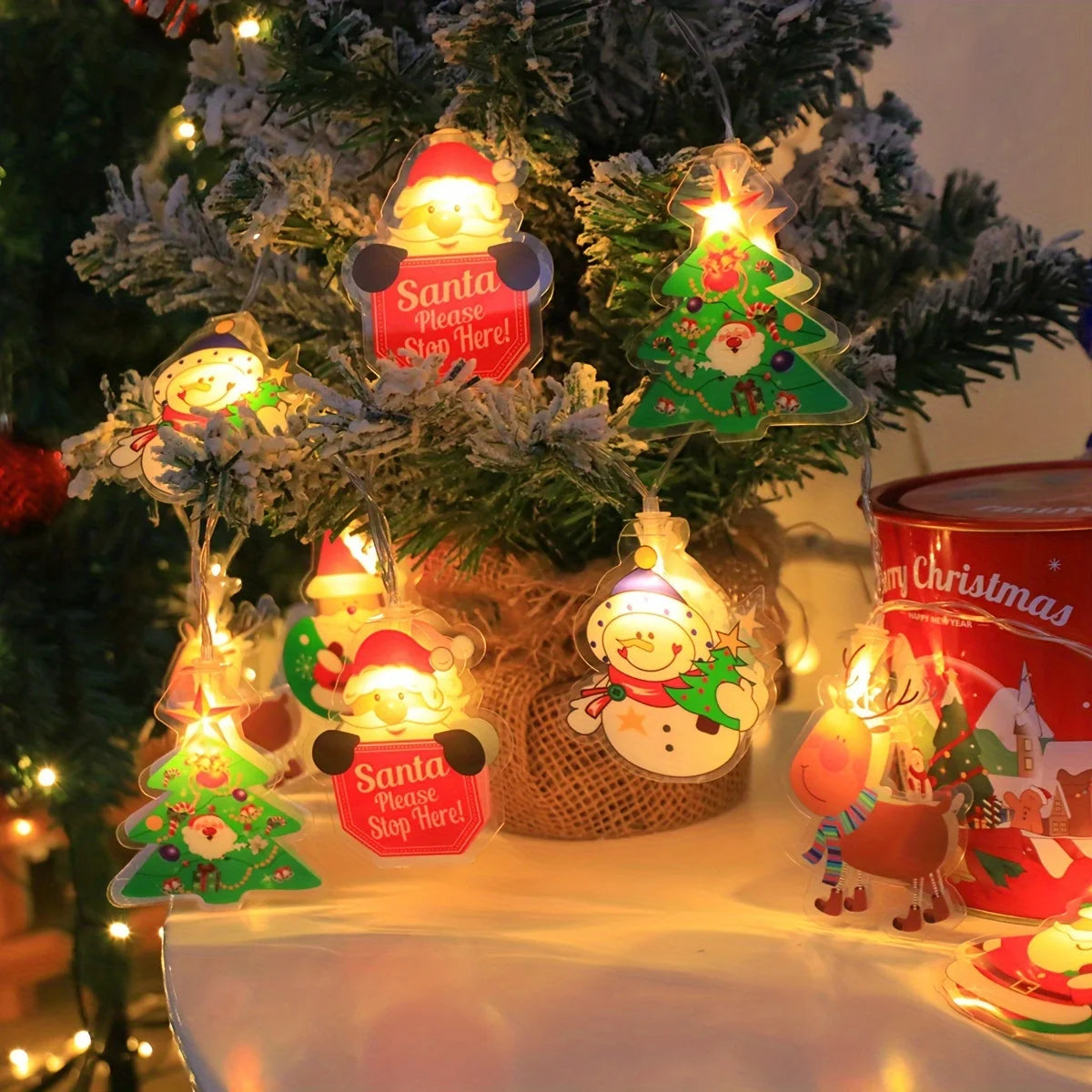 Christmas LED String Lights, Battery Powered(No Battery) 10/20LED, Santa/Snowman/Tree Design, Xmas Party Home Decoration Gift Vue