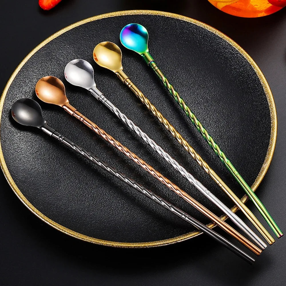 10PCS Dual-use Stainless Steel Straw Spoon Long Twisted Portable Mixing Spoon Reusable Coffee Stirring Spoon Cocktail Vue