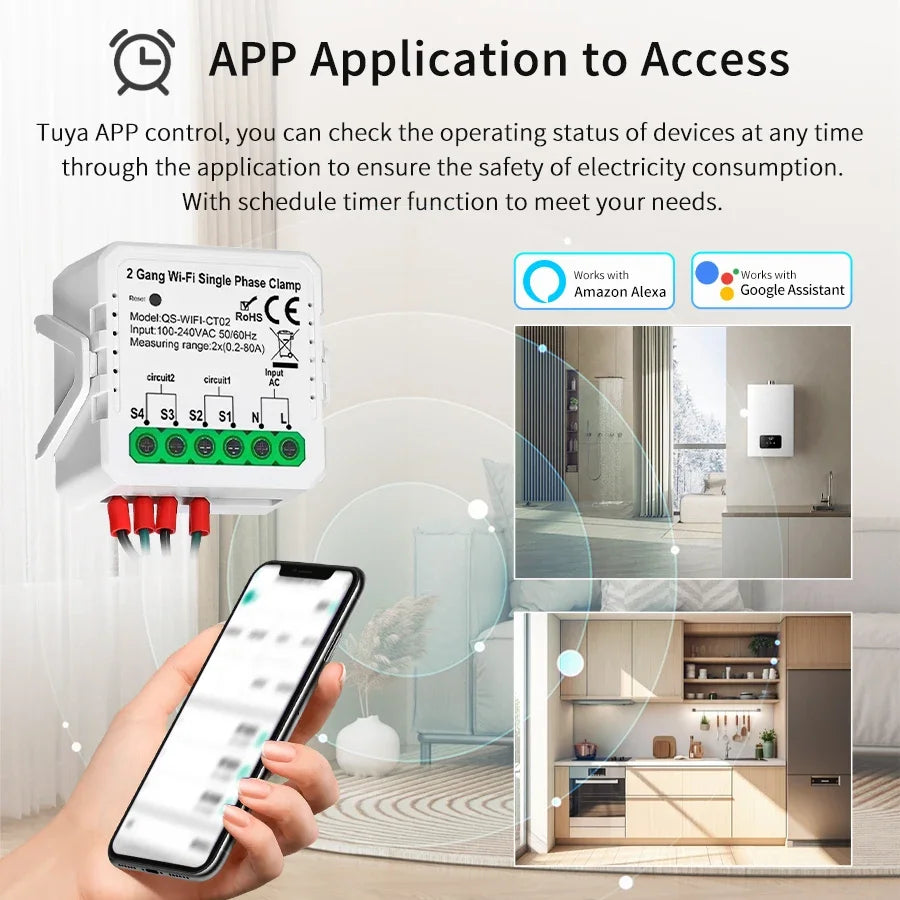 Tuya Smart Wifi Energy Meter Current Sensor Statistician for Solar PV System Home Power Monitor 110-240V 80A Single Phase Clamp Vue