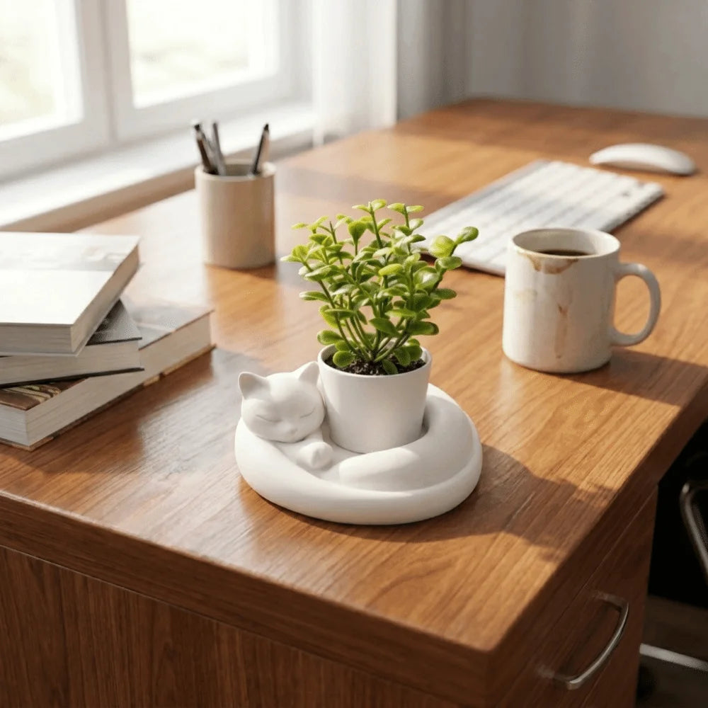3D Printed Cat Sleeping Flowerpot Plastic Cartoon Animal Shaped Planter Lying Cat Shape Uniquely Cat Desktop Ornament Study Room Vue