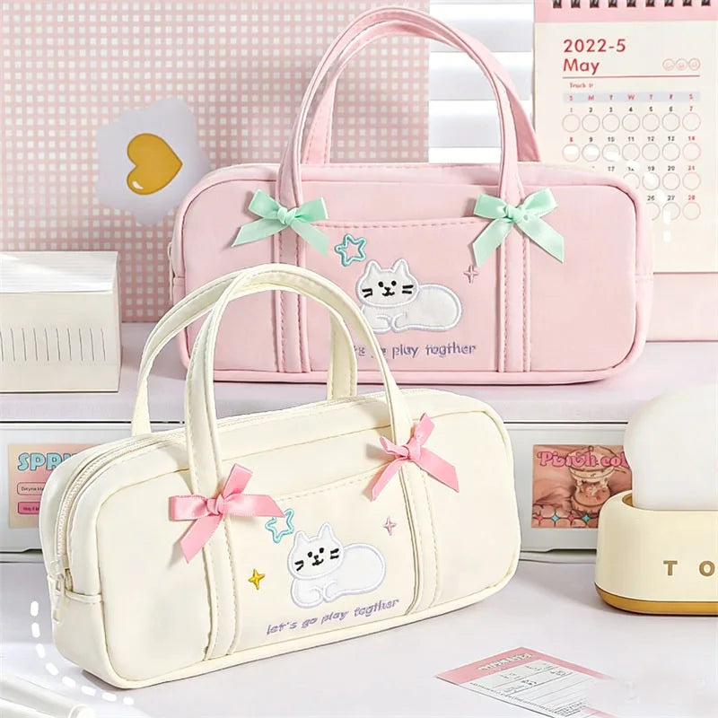 Pastel Kawaii Kitten Embroidery Cosmetic Tools Bag with Handle Double Bow Design Large Capacity Oxford Cloth Makeup Brush Holder Vue