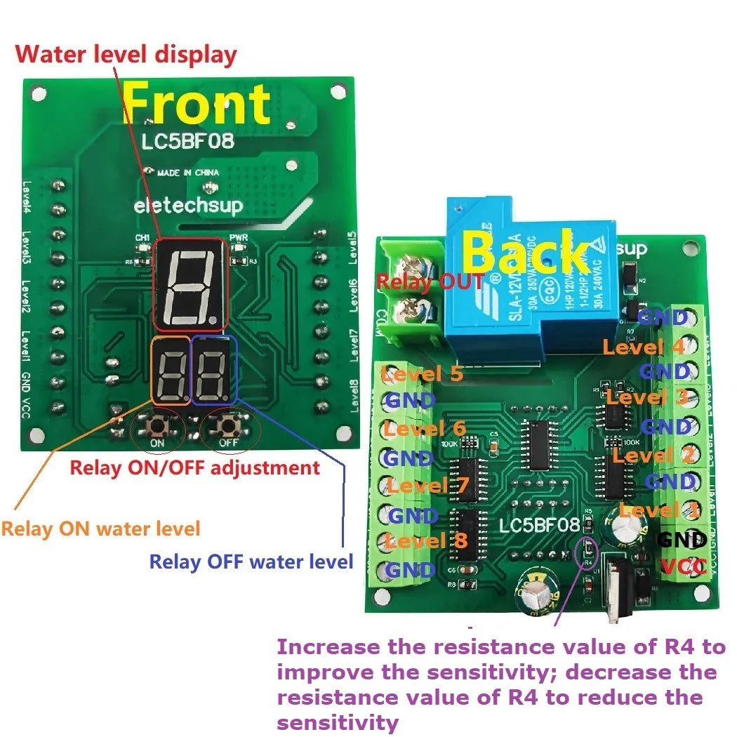 DC12V 30A 8 Levels Multi-function Water Level Pump Pour Display Controller Liquid Sensor Automatic Water Supply Controller Relay Vue