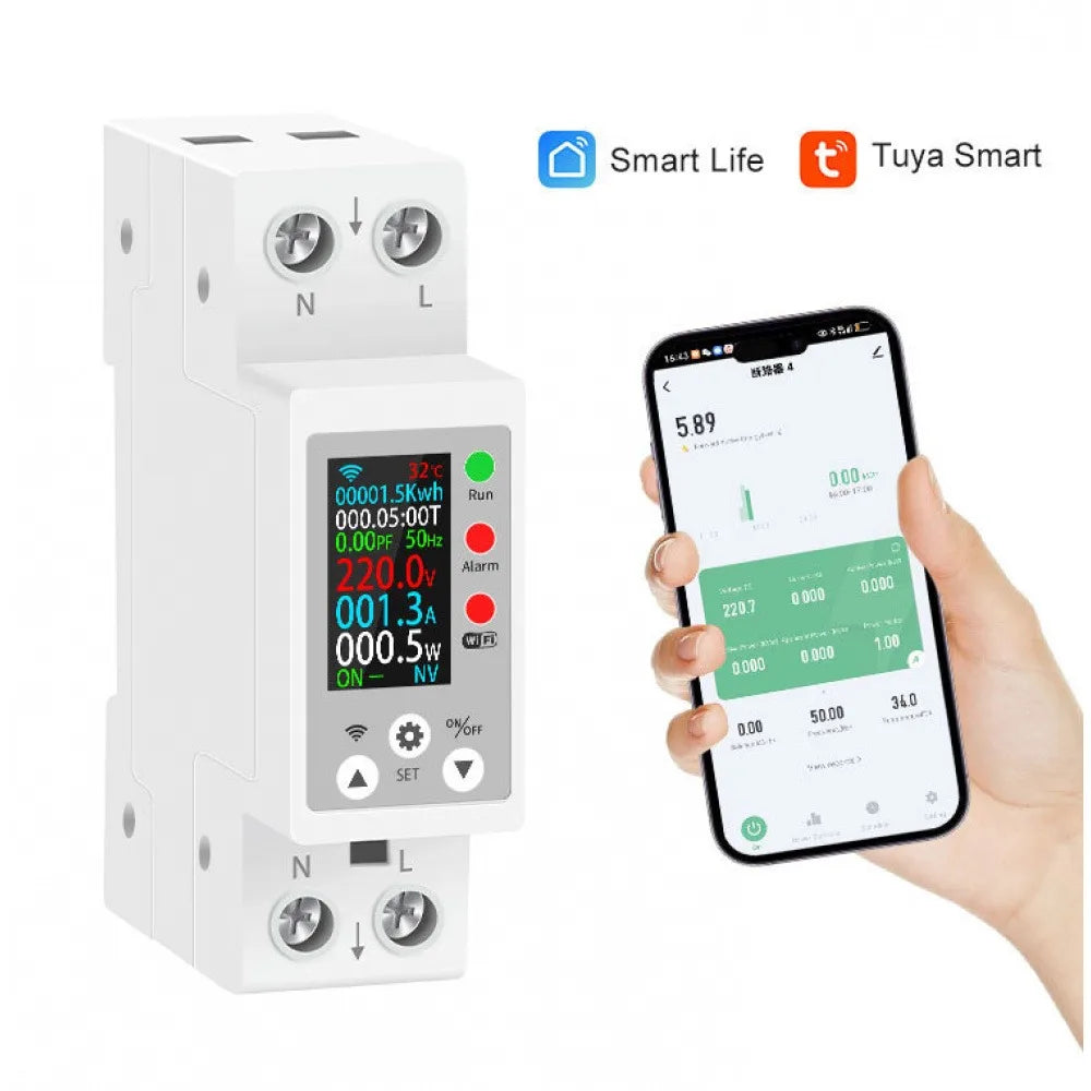60A Tuya WiFi DIN Rail Smart Energy Meter Digital Volt Current Power KWh Monitor Remote Control Breaker Overvoltage Protection Vue