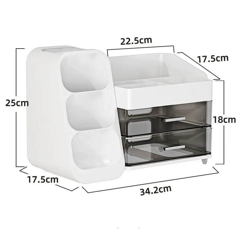 Large Capacity Makeup Tools Organizer with Drawers and Brushes Holder Plastic Cosmetics Skincare Dressing Desktop Storage Box Vue
