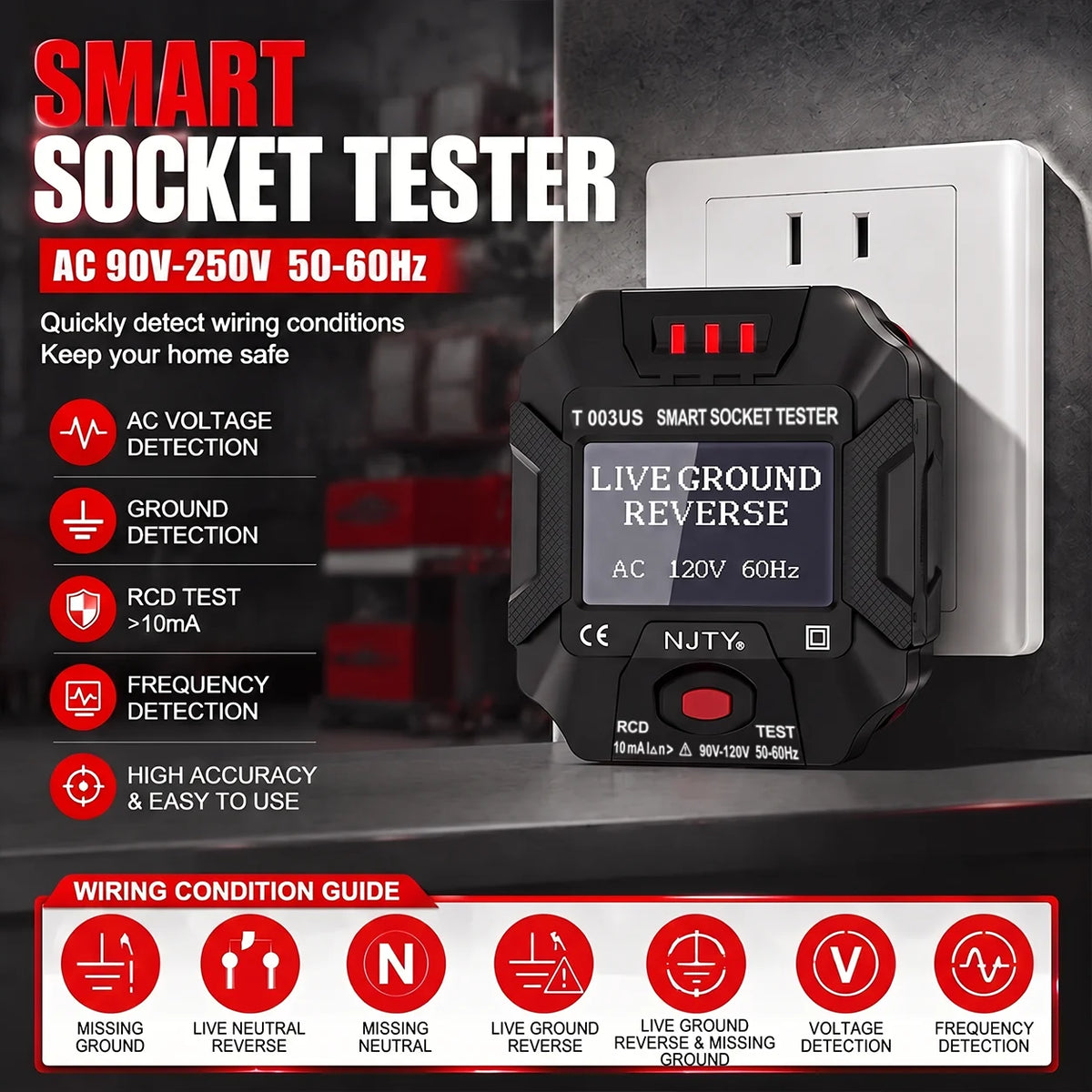 NJTY T003 US Plug Digital LCD Socket Outlet Voltage Tester Wiring Fault Detector RCD Test Polarity Ground Neutral Check 90V-250V Vue