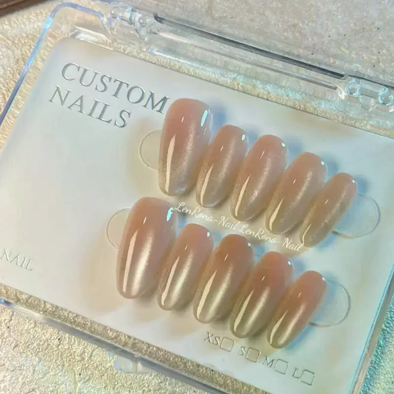 Solid Color Press On Nails, Ice Transparent Cat Eye Nails Handmade Nude Skin-Flattering Nail Patches Vue