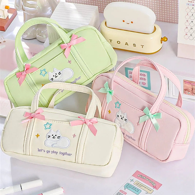 Pastel Kawaii Kitten Embroidery Cosmetic Tools Bag with Handle Double Bow Design Large Capacity Oxford Cloth Makeup Brush Holder Vue