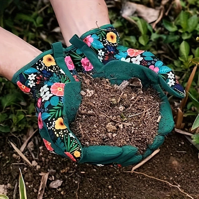 Floral Print Polyester Garden Gloves Breathable Ambidextrous Work