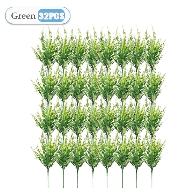 2-32PCS UV Resistant Artificial Boston Fern Plant for Hanging Baskets Wedding Home and Garden Decor Lifelike Fake Fern Vue Green-32PCS