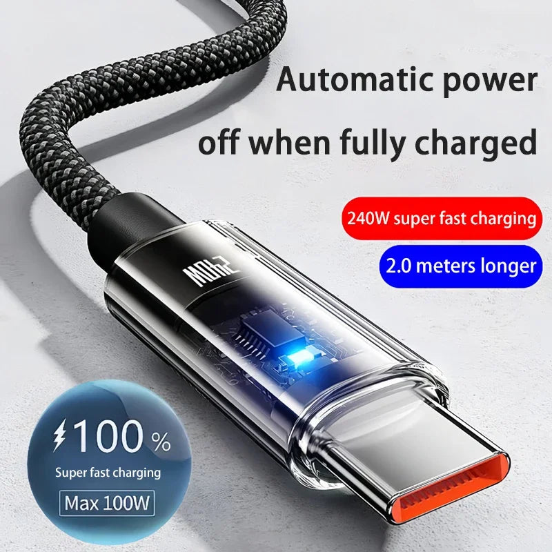240W Charging Cable Nylon Super Fast USB Type C For Samsung Xiaomi Huawei Honor LED Digital Display USB C Charger Data Cord Vue