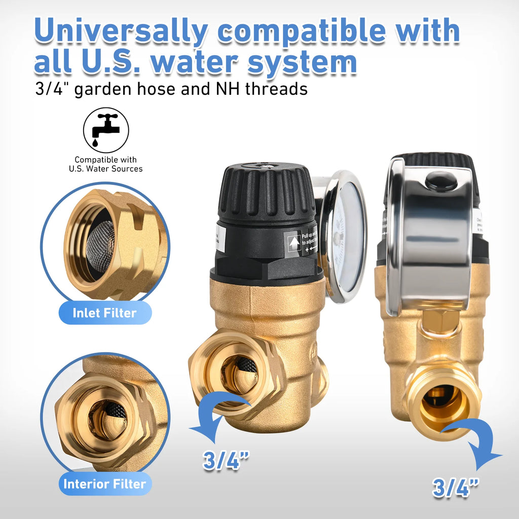Nilight RV Water Pressure Regulator for RV Camper, Adjustable Handle Water Pressure Regulator Valve with Gauge and Inlet Screen Filter, Brass Lead-free Reducer Valve Filter for Camper Travel Trailer Vue