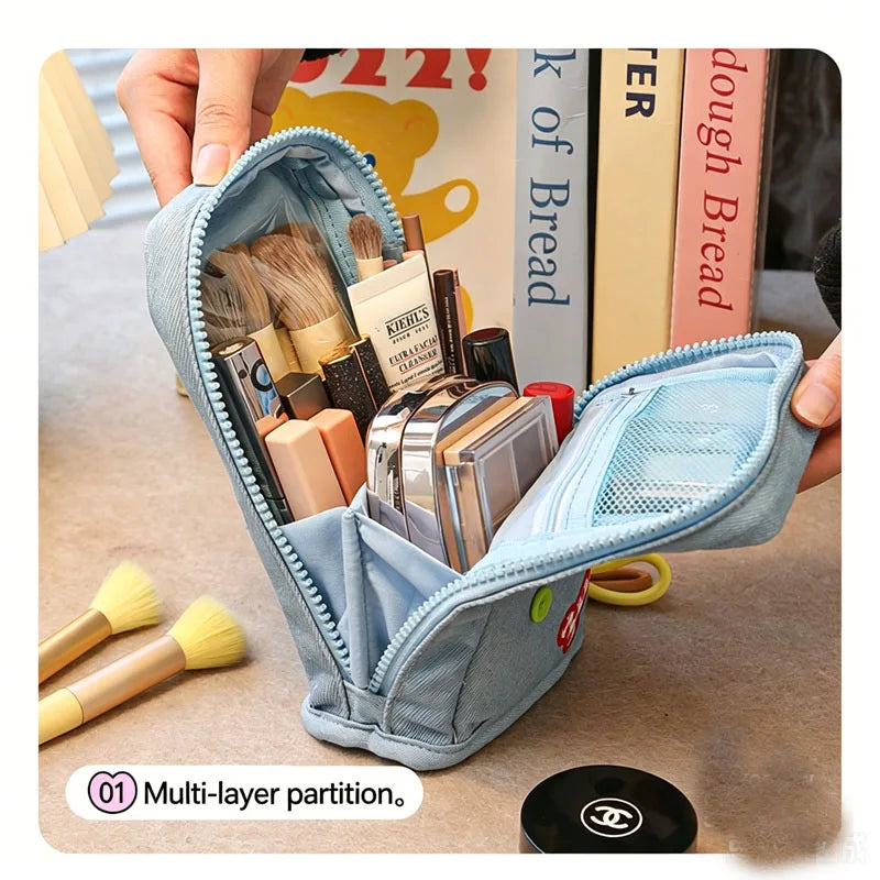 Kawaii Stand-Up Makeup Brush Storage Bag Large Capacity Animal Embroidery Denim Corduroy Cosmetic Tools Organizer with Dividers Vue