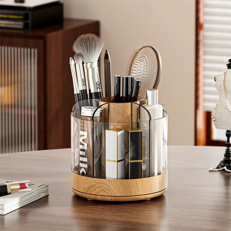 Makeup Brush Holder 360° Rotating 6 Slot Multi-Compartment Storage Acrylic Large Capacity Makeup Brushes Case With Wooden Base Vue