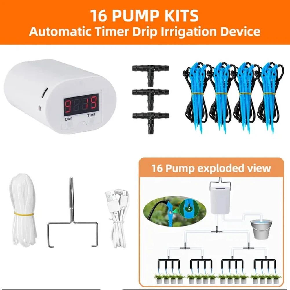 Automatic Plant Flower Watering Pump 2/8/16 Heads Pump Self-Watering Kit Automatic Timer Waterers Drip Irrigation Garden Tool Vue