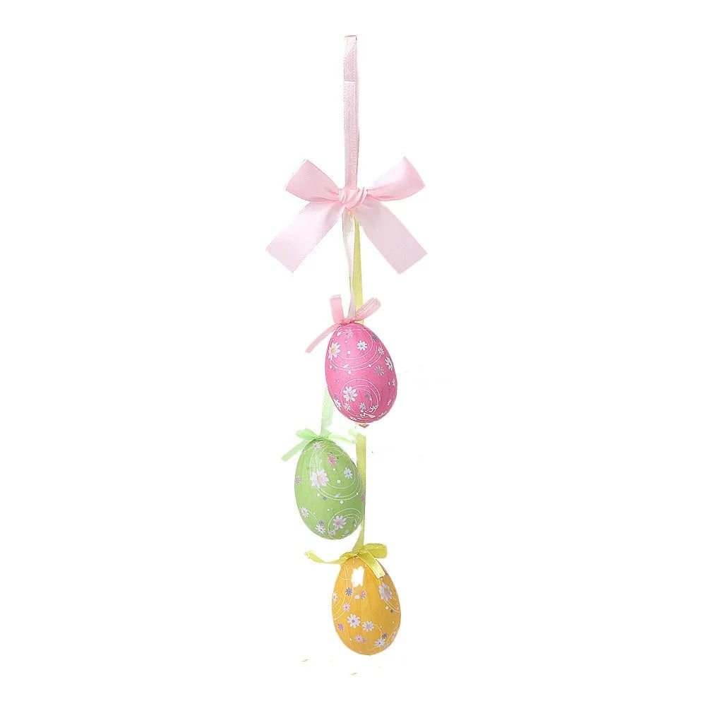 Painted Easter Eggs Hanging Pendant with Bow Rabbit Chick Flower Colorful Eggs String DIY Crafts Foam Eggs Ornaments Vue Style A