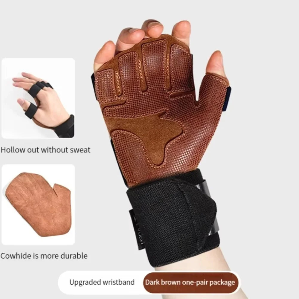 1 Pair Cowhide Weight Lifting Gloves Four-finger Non-Slip Ventilated Gym Wristband Deadlift Training Fitness Workout Gloves Vue L-with Wristband