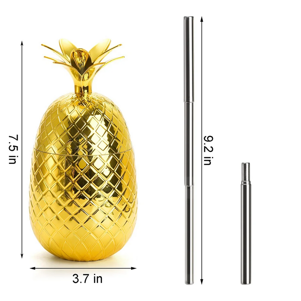 2 Pack Pineapples Drink Cups, 450Ml Gold Pineapples Tumbler with Stretched Straw, Hawaiian Luau Party Cups Vue
