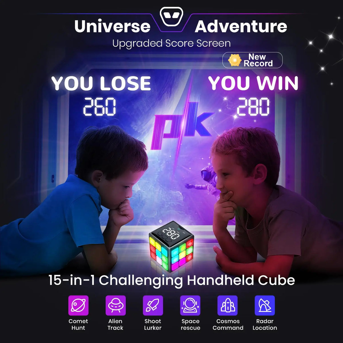 Rechargeable Handheld Cube with Games - 15 Fun Brain & Memory Games with Score Screen for Kids Teens - Gifts for Boys Girls Vue