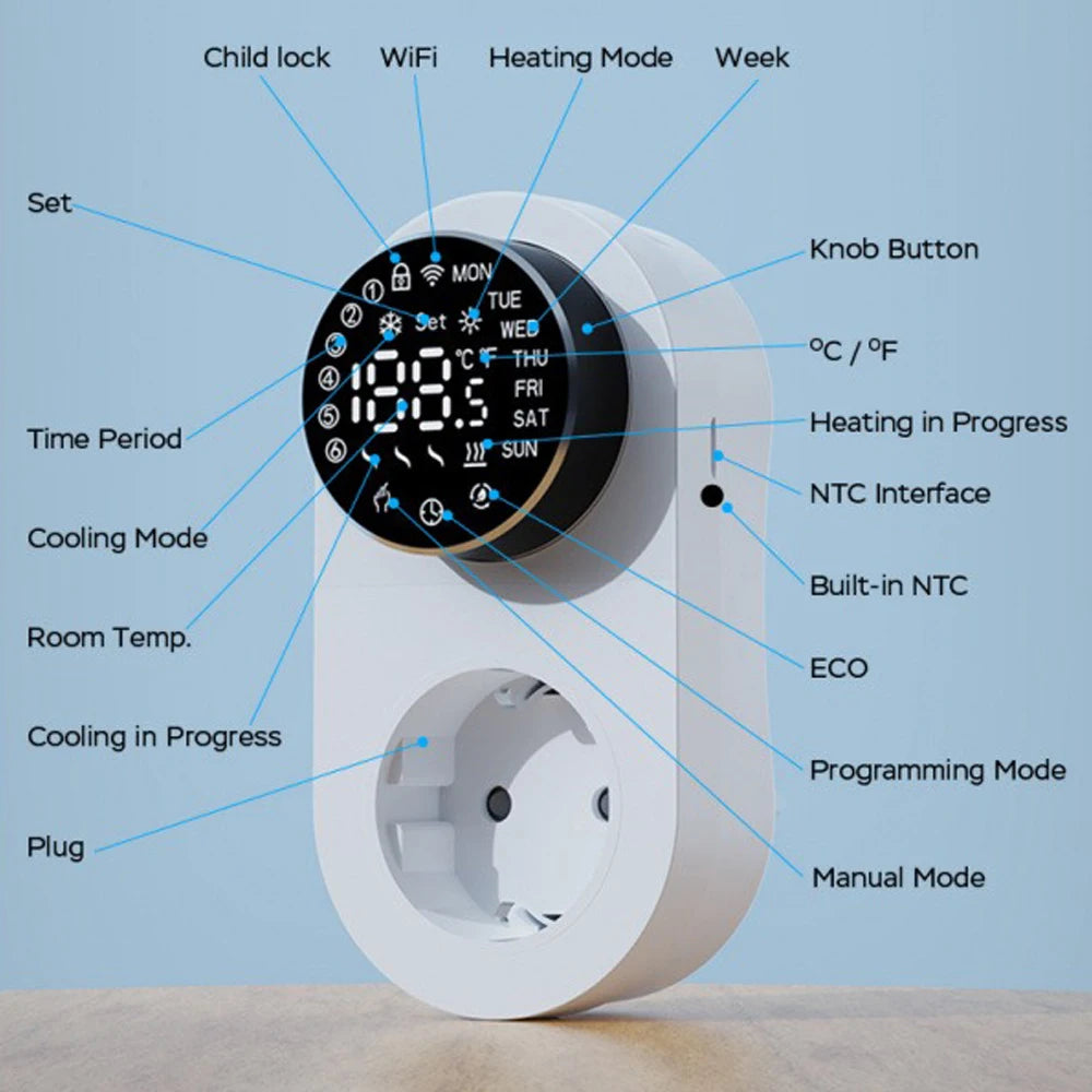 Tuya Smart WiFi LED Thermostat Socket 16A Plug-in Thermostat Socket Knob-type Temperature Controller Voice Control with Alexa Vue