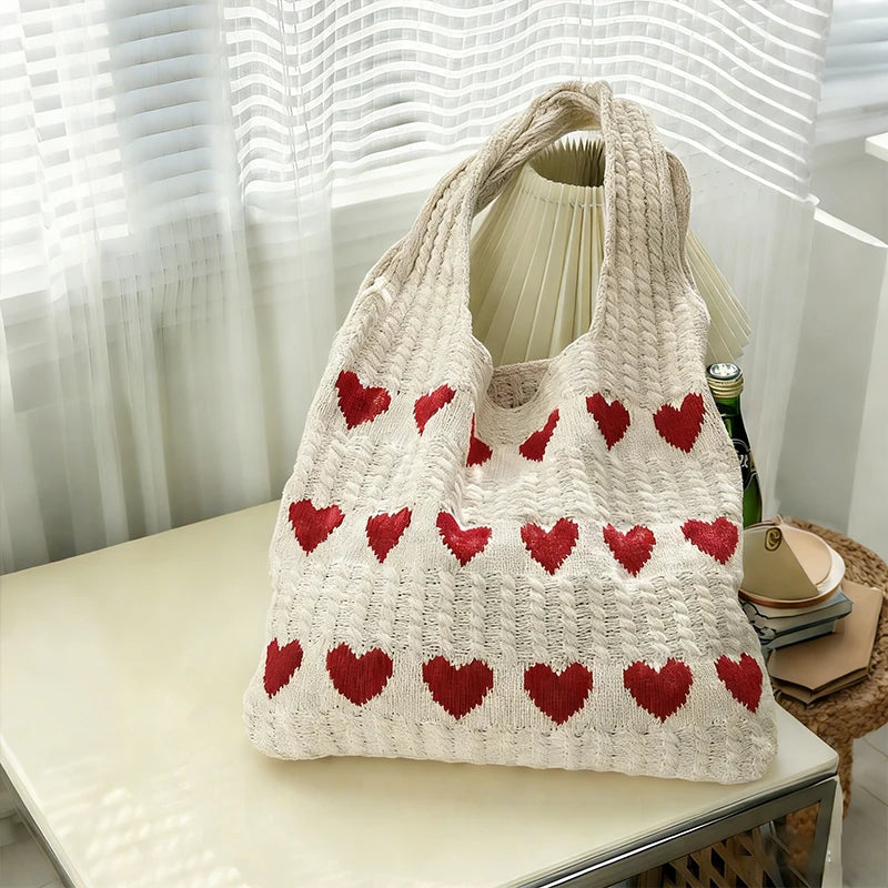 Knitted Love Pattern Tote Bag Stylish Woven Handbag Shoulder Women