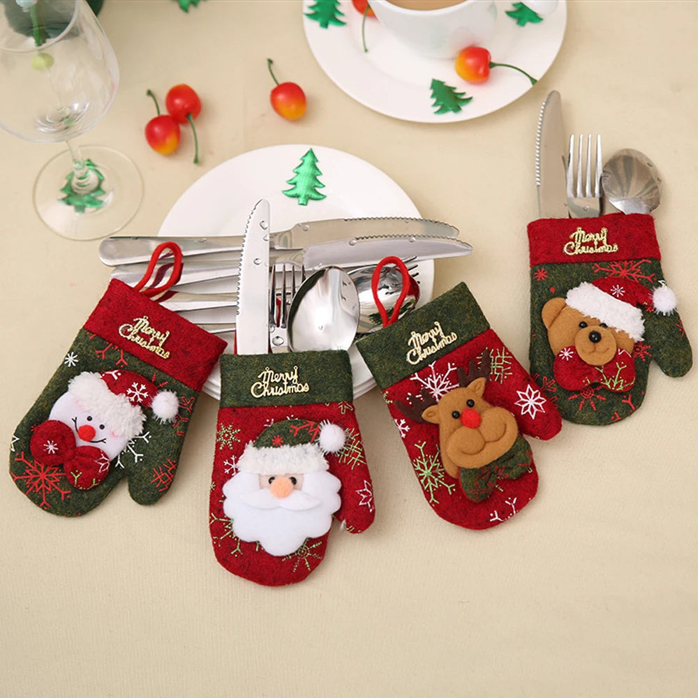 4PCS Christmas Silverware Holder Pockets Retro Glove Shaped Cutlery Holder Bag Candy Gift Pouch for Xmas Dinner Table Decoration Vue Default Title
