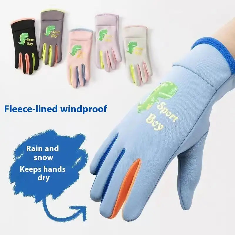 Kids Warm Gloves Autumn Winter Cartoon Dinosaur Boys Girls Outdoor Cycling Windproof Water-Repellent Gloves Vue