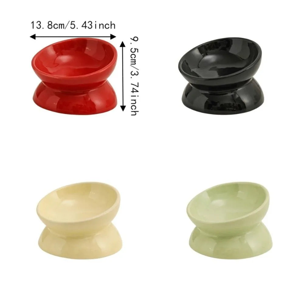 Large Diameter Ceramic Elevated Cat Bowl Anti Overturning Flat Bottomed Cat Food Water Bowl Non-slip Tilted Angle Pet Food Dish Vue