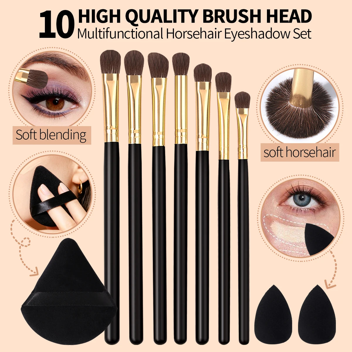 New 10Pcs Eyeshadow Makeup Brush Set, With Triangle Powder Puff & Makeup Sponge Beauty Tools Vue black