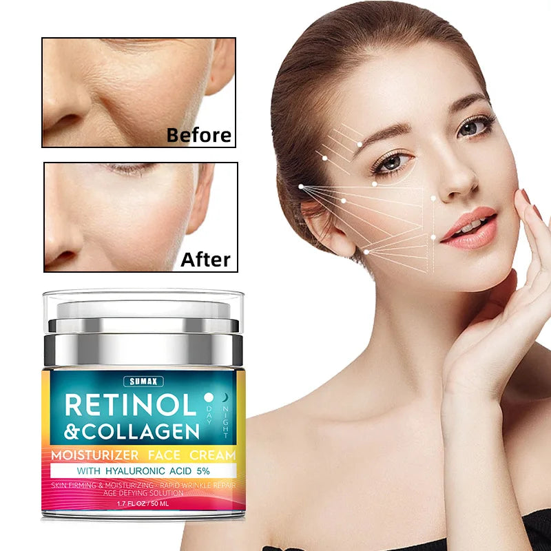 Retinol Cream for Face with Hyaluronic Acid, Day-Night Anti-Aging Moisturizer Collagen Cream for Face Reduces Wrinkles, Dryness Vue