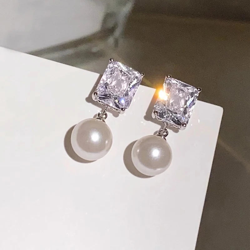 Huitan Pearl & Cubic Zirconia Drop Earrings for Women Pearl Drop Earrings Vue E3749