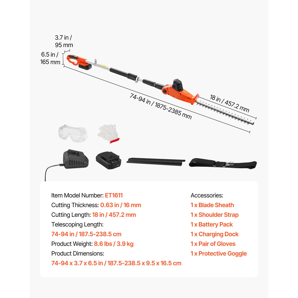 Cordless Pole Hedge Trimmer – 18" Blade, 74–94" Telescoping Pole Hedge Trimmer Vue 18inch United States